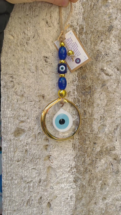 Glass Eye Home Decor,Gold Plated Transparent Glass Eye Wall Hanging,New Home Gift Idea Charm,Christmas Gift, Stunning Blue Nazar Eye