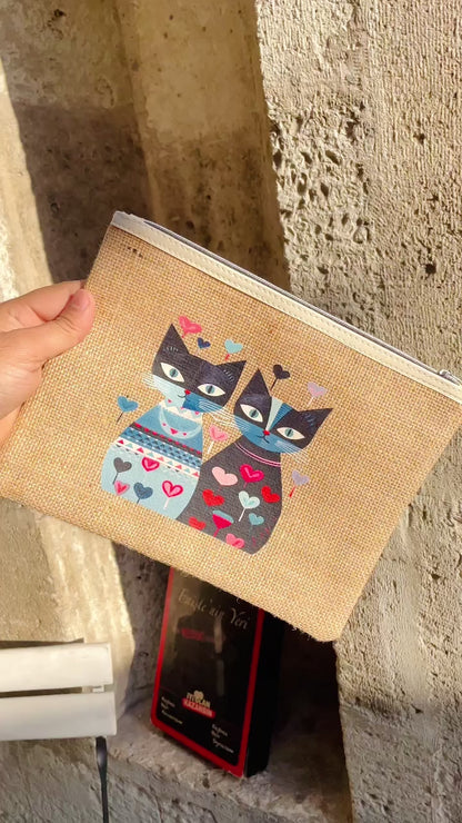 Cute charming tapestry jute bag,zipped,clutch bag,daily bag,makeup accessory bag for cat lovers, Christmas gift